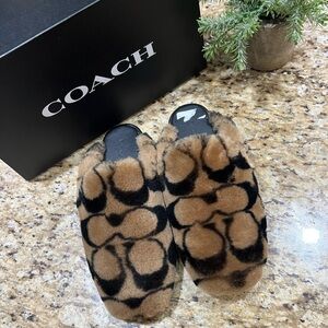 COACH Brown and Black Faux Fur Signature Shearling Slide Slippers 6